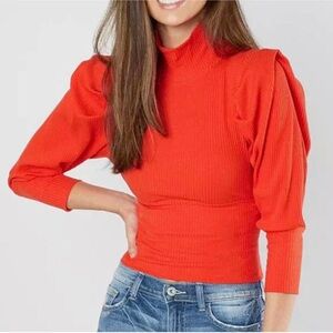 Free People red puffer sleeve fitted mock neck turtleneck  Sz S